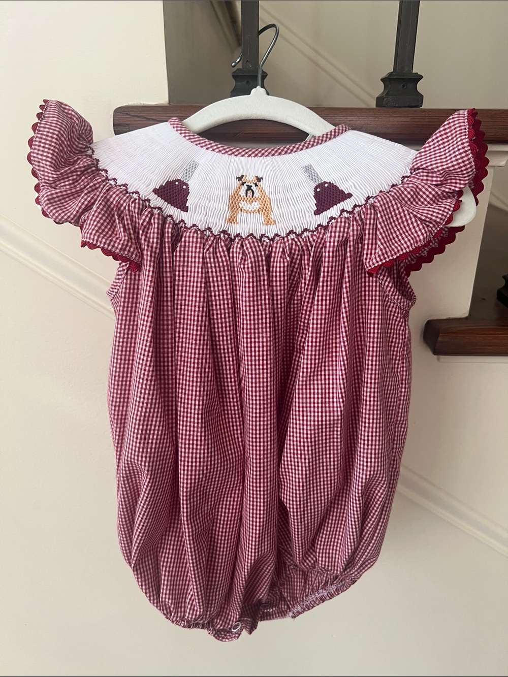 Bulldog Smocked Maroon Gingham Bubble for Baby Girl 6m